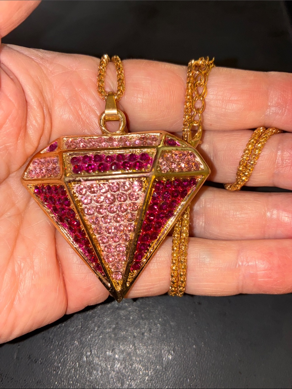 Gold-Tone Pink and fuchsia Crystal Diamond-Shaped Pendant Necklace